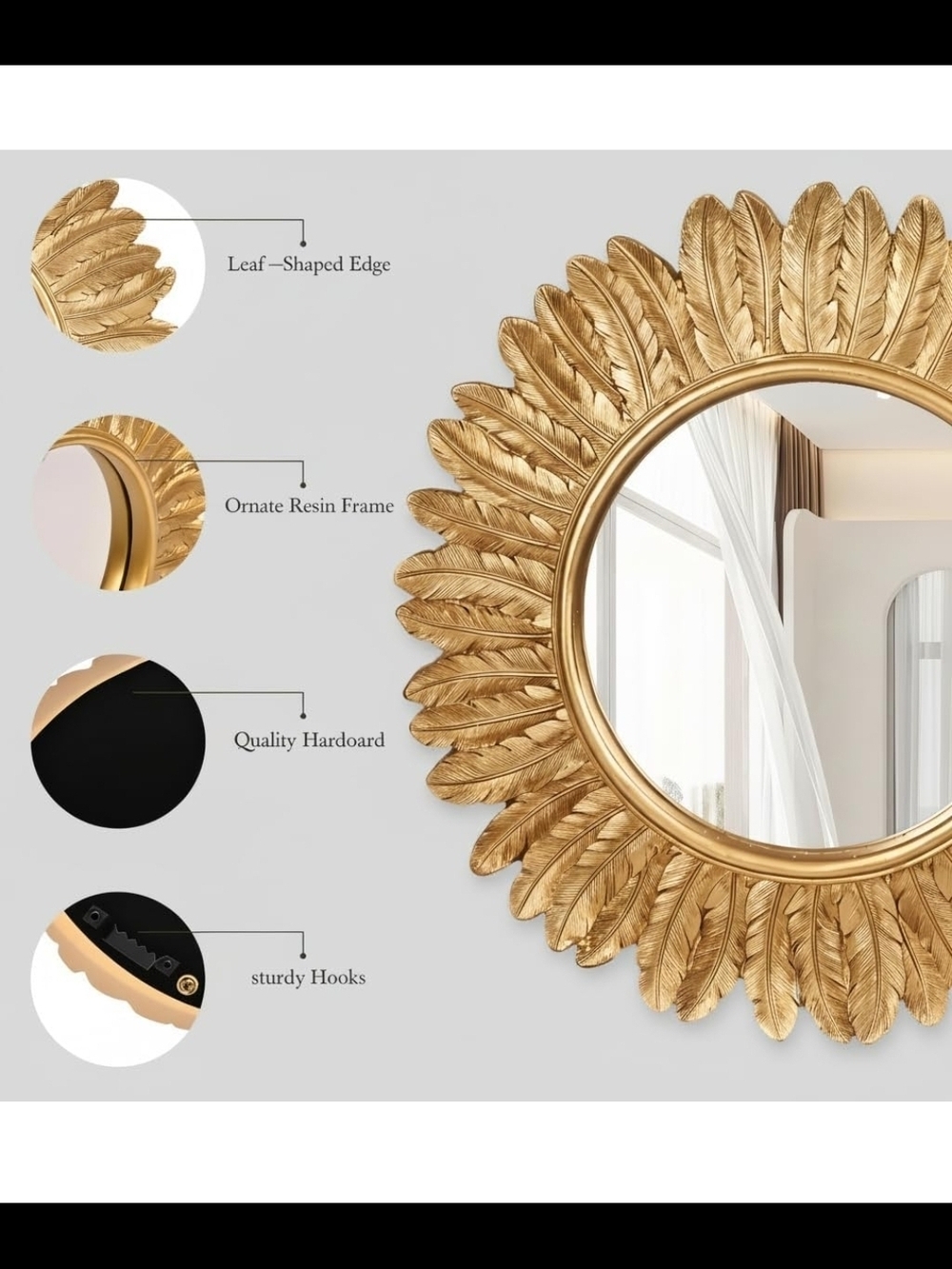 Decorative Gold Feather Sunburst Mirror - Home Wall Decor - Picture 4 of 7